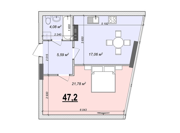 ЖК Bogun City: планування 1-кімнатної квартири 47.2 м²