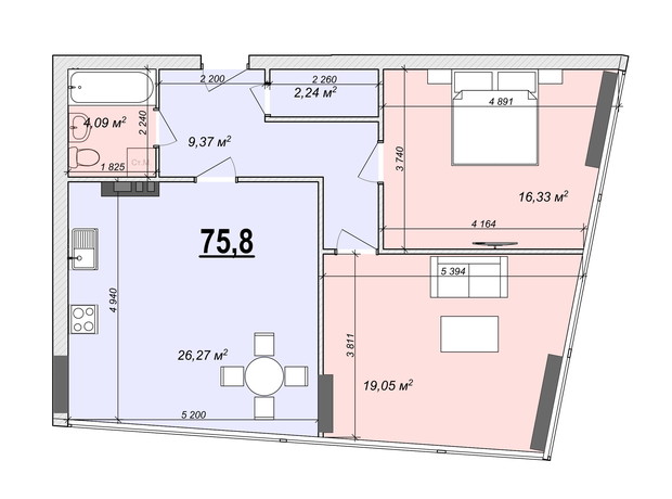 ЖК Bogun City: планування 2-кімнатної квартири 75.8 м²