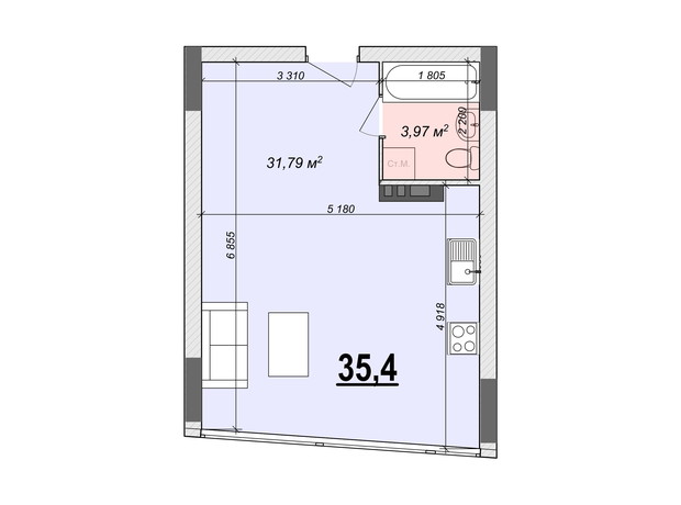 ЖК Bogun City: планировка 1-комнатной квартиры 35.4 м²