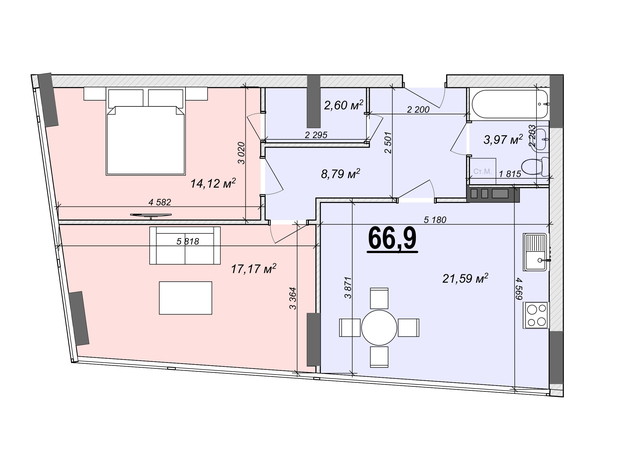 ЖК Bogun City: планування 2-кімнатної квартири 66.9 м²