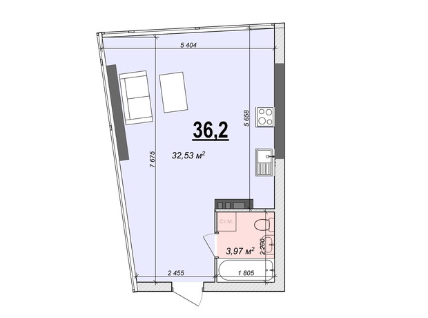 ЖК Bogun City: планування 1-кімнатної квартири 36.2 м²