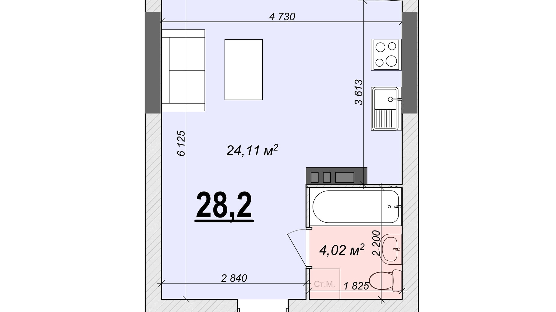 Планировка апартаментов в ЖК Bogun City 28.2 м², фото 374132