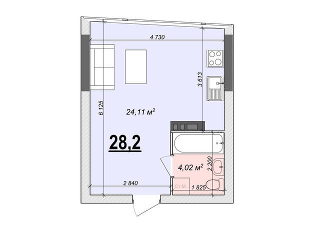 ЖК Bogun City: планування 1-кімнатної квартири 28.2 м²