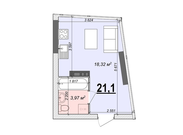 ЖК Bogun City: планировка 1-комнатной квартиры 21.1 м²