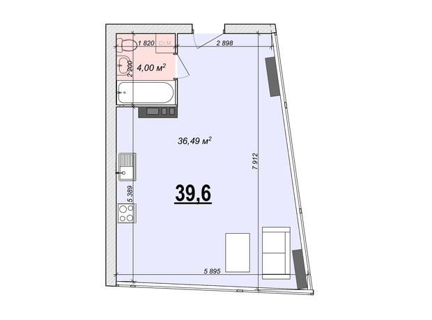 ЖК Bogun City: планировка 1-комнатной квартиры 39.6 м²