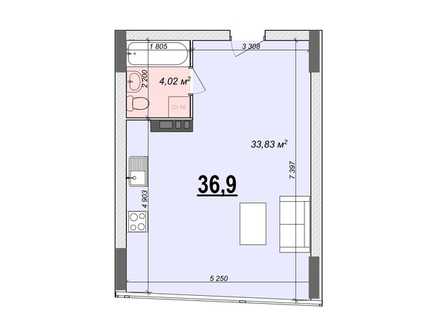 ЖК Bogun City: планування 1-кімнатної квартири 36.9 м²