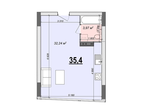 ЖК Bogun City: планування 1-кімнатної квартири 35.4 м²