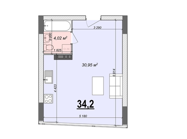 ЖК Bogun City: планування 1-кімнатної квартири 34.2 м²