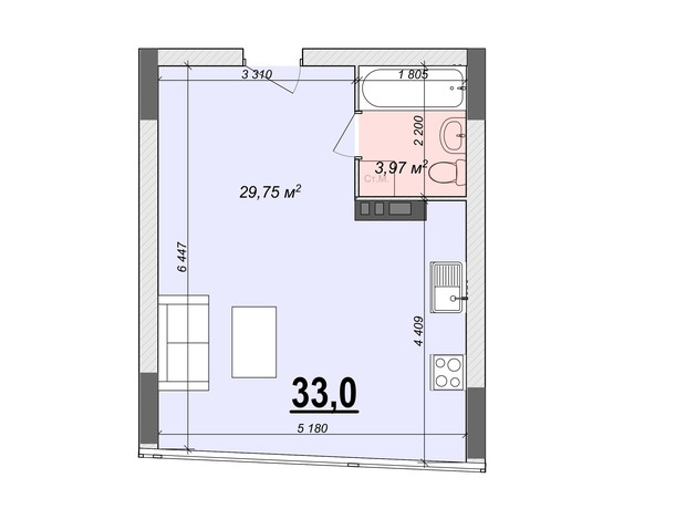 ЖК Bogun City: планировка 1-комнатной квартиры 33 м²