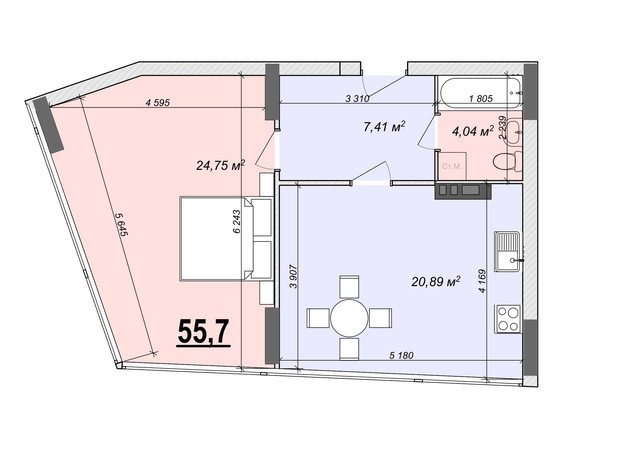 ЖК Bogun City: планування 1-кімнатної квартири 55.7 м²