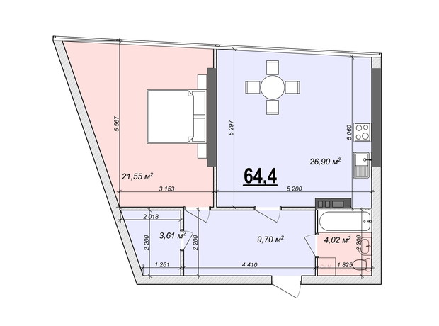 ЖК Bogun City: планировка 1-комнатной квартиры 64.4 м²