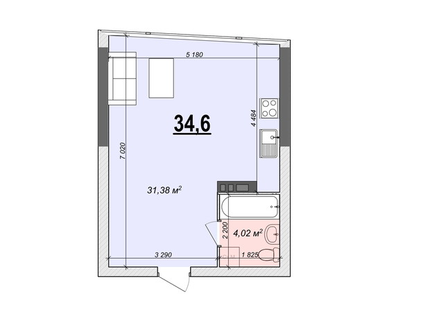 ЖК Bogun City: планування 1-кімнатної квартири 36.1 м²