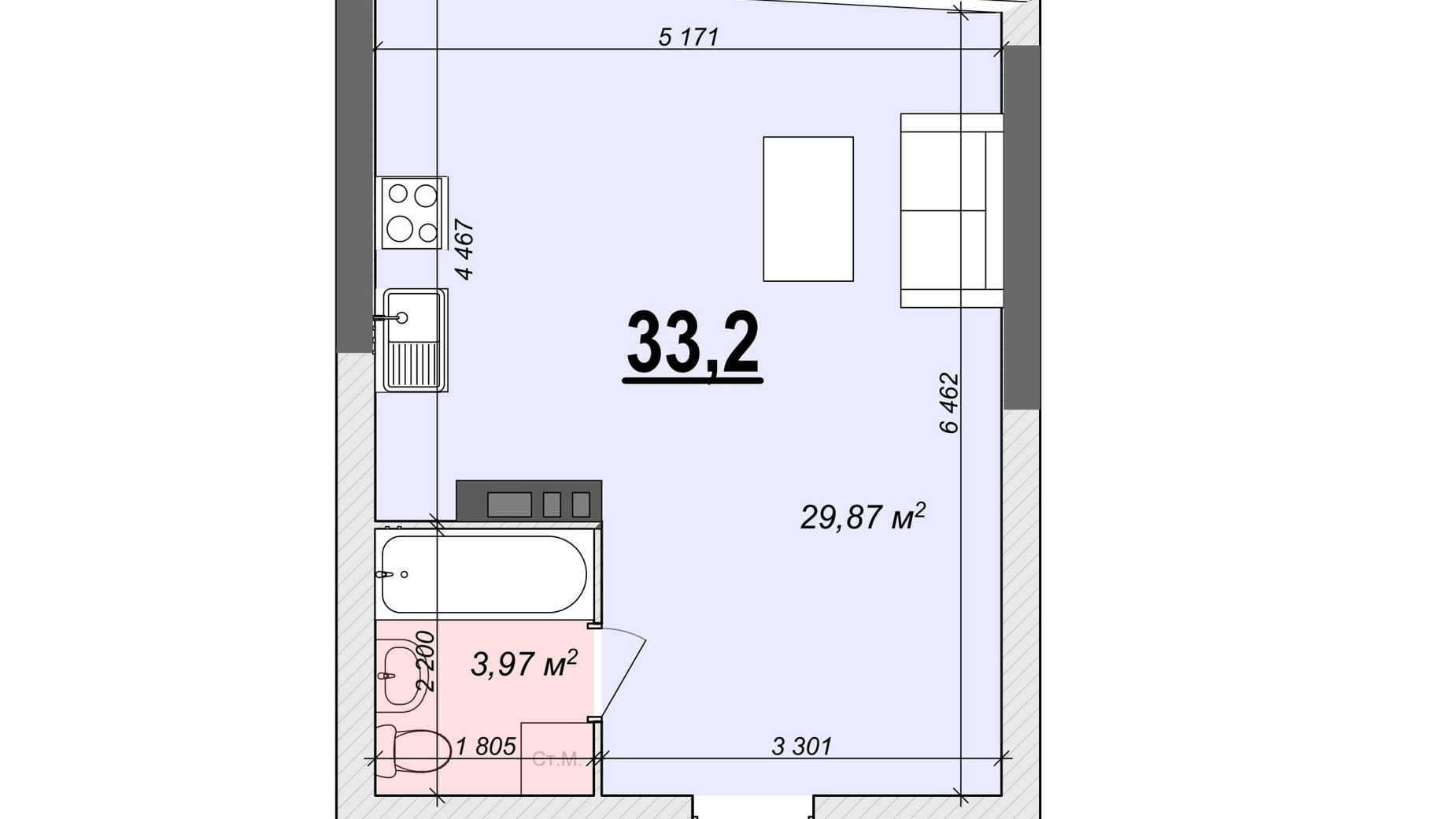 Планировка апартаментов в ЖК Bogun City 33.2 м², фото 374153