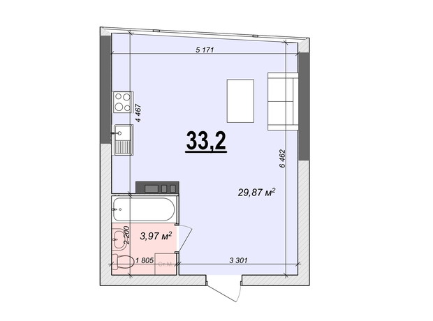 ЖК Bogun City: планування 1-кімнатної квартири 33.2 м²