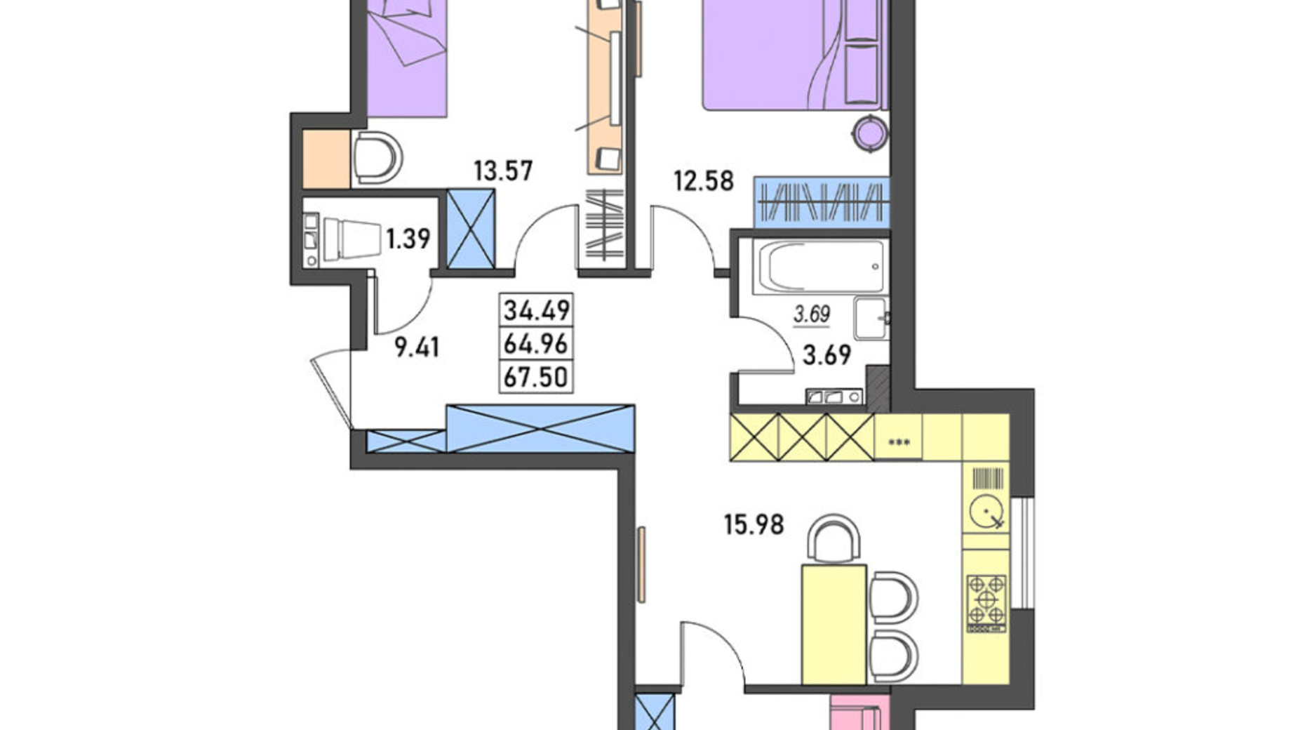 Планировка 3-комнатной квартиры в ЖК Меридиан 67.4 м², фото 374202