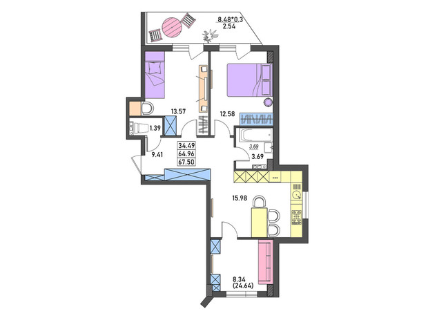 ЖК Меридіан: планування 3-кімнатної квартири 67.4 м²