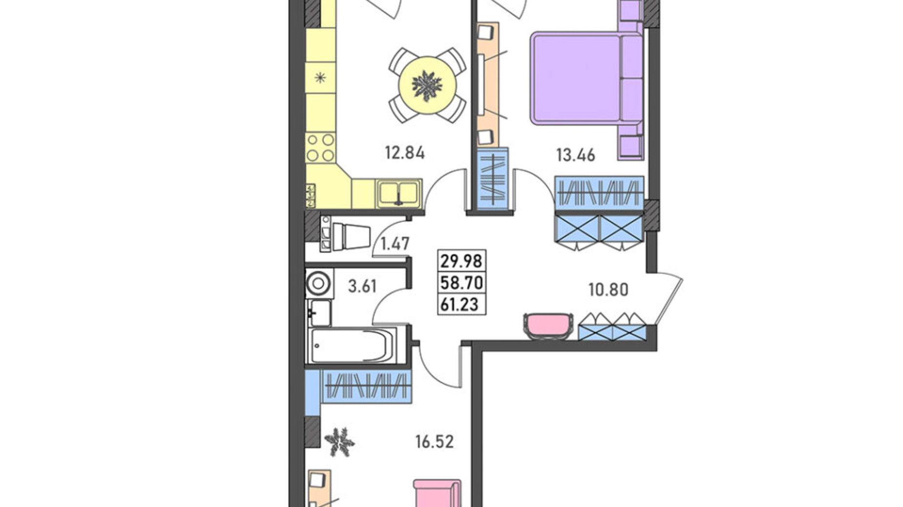 Планування 2-кімнатної квартири в ЖК Меридіан 58.7 м², фото 374203