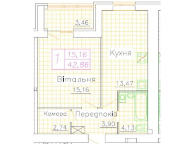 ЖК Центральний: планировка 1-комнатной квартиры 42.86 м²