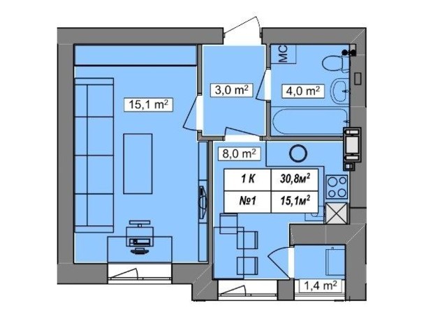 ЖК Гудвил: планировка 1-комнатной квартиры 30.8 м²