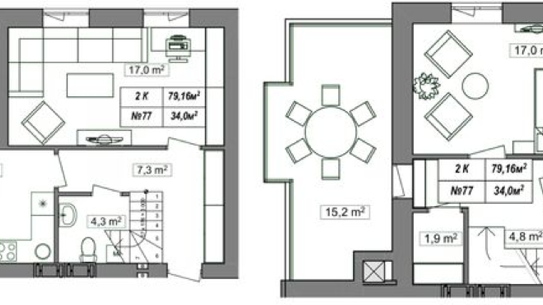 Планування багато­рівневої квартири в ЖК Гудвіл 79.16 м², фото 374352