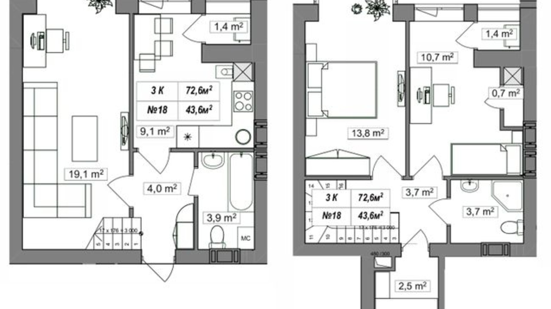 Планировка много­уровневой квартиры в ЖК Гудвил 72.6 м², фото 374363