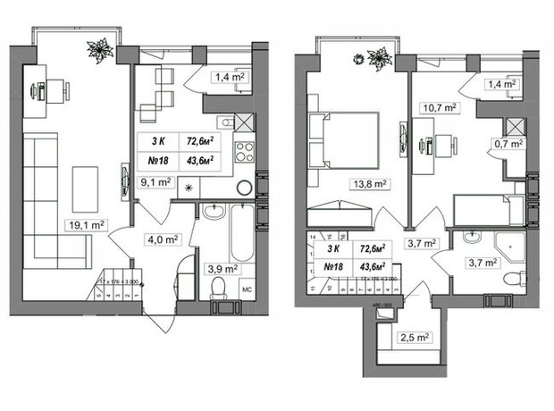 ЖК Гудвил: планировка 3-комнатной квартиры 72.6 м²