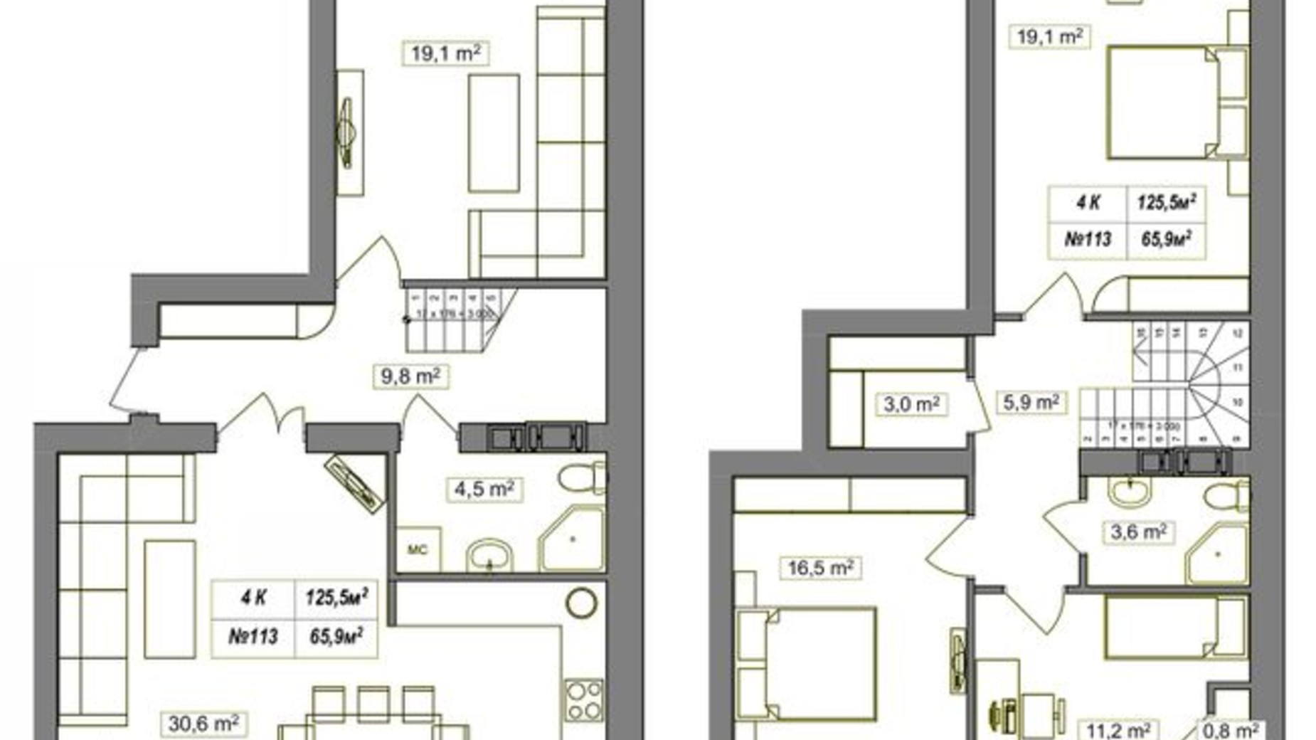 Планировка много­уровневой квартиры в ЖК Гудвил 125.5 м², фото 374368
