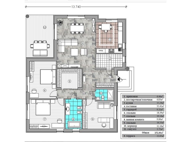 КМ Country House: планування 3-кімнатної квартири 151 м²