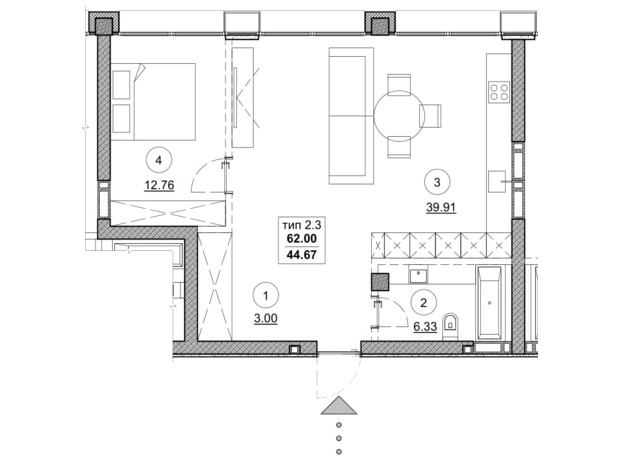 ЖК Олимпийский : планировка 2-комнатной квартиры 62 м²