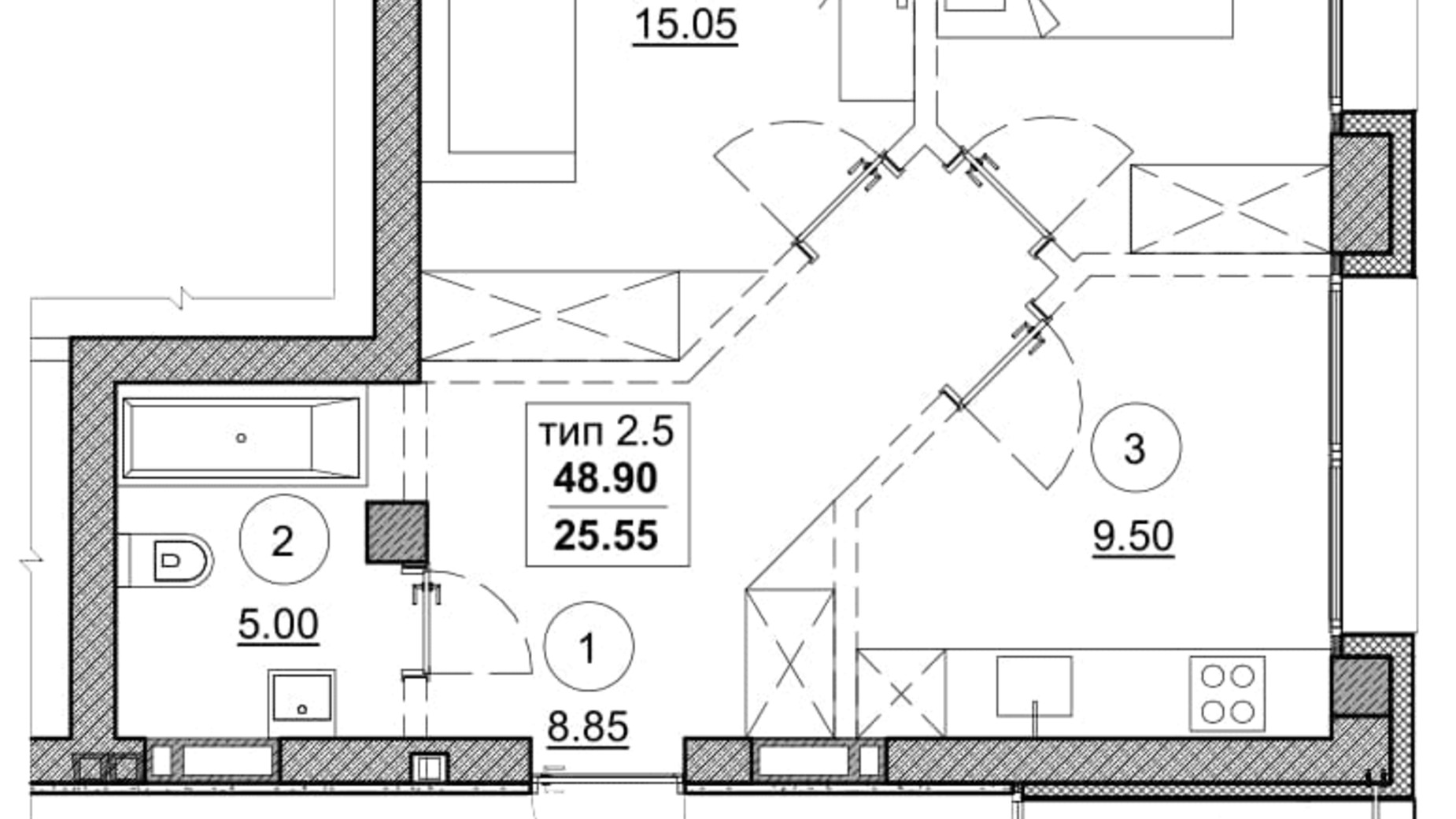 Планировка 2-комнатной квартиры в ЖК Олимпийский  48.9 м², фото 374780