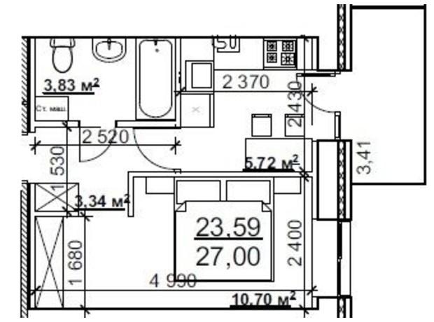 ЖК ул. Криничная, 2: планировка 1-комнатной квартиры 27 м²