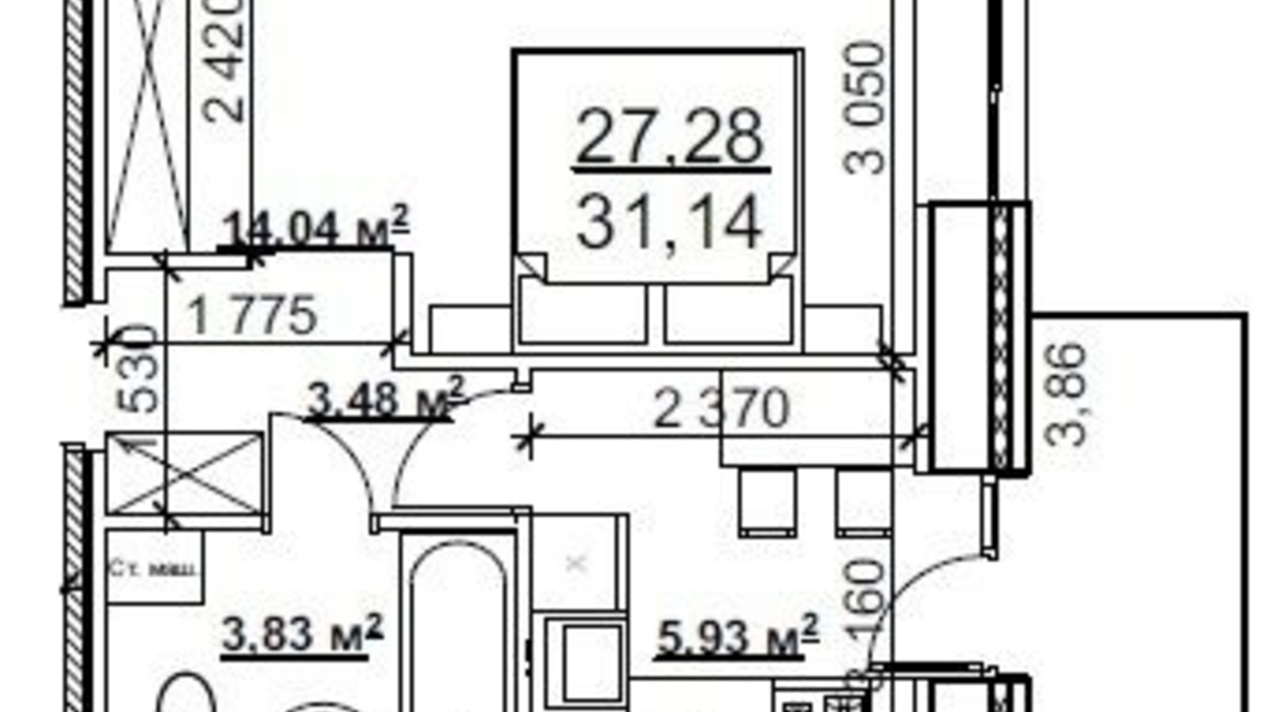 Планування 1-кімнатної квартири в ЖК вул. Кринична, 2 31.14 м², фото 375269