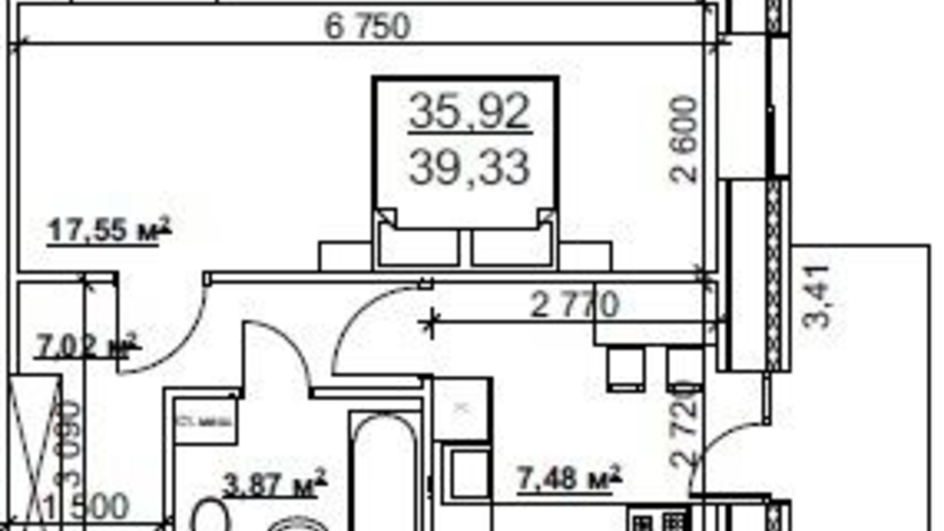 Планування 1-кімнатної квартири в ЖК вул. Кринична, 2 39.33 м², фото 375270