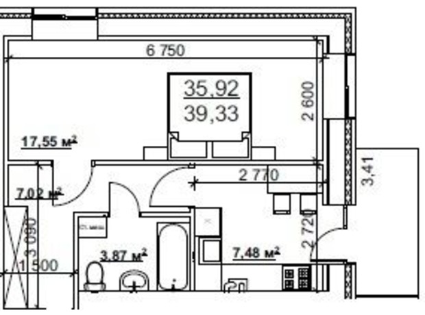 ЖК ул. Криничная, 2: планировка 1-комнатной квартиры 39.33 м²