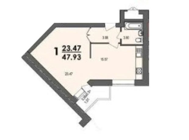 ЖК ул. 50-летия УПА, 10в: планировка 1-комнатной квартиры 47.93 м²