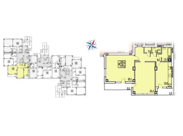 ЖК Панорамний: планування 2-кімнатної квартири 77.9 м²