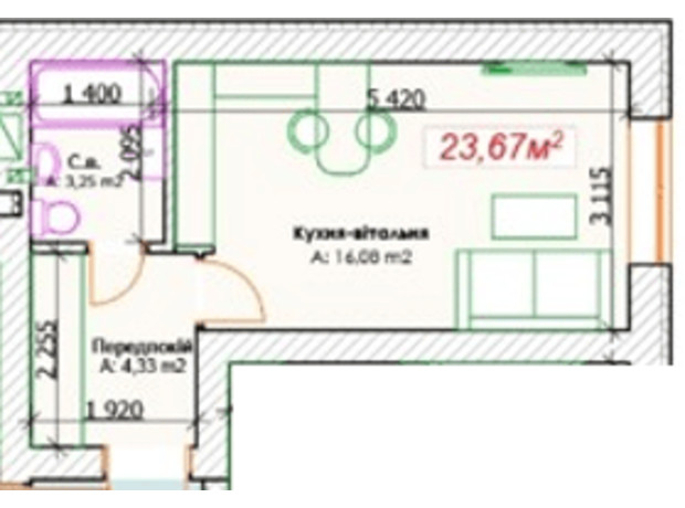 КБ GoodHome: планування 1-кімнатної квартири 23.67 м²