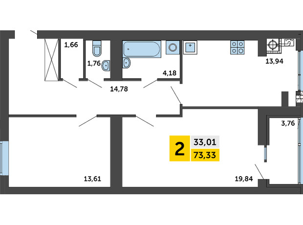 ЖК Парковий квартал 4: планування 2-кімнатної квартири 73.33 м²