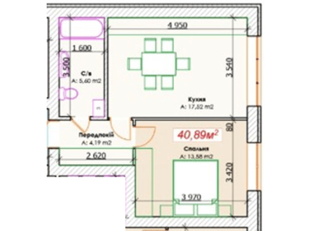 КД GoodHome: планировка 1-комнатной квартиры 40.89 м²