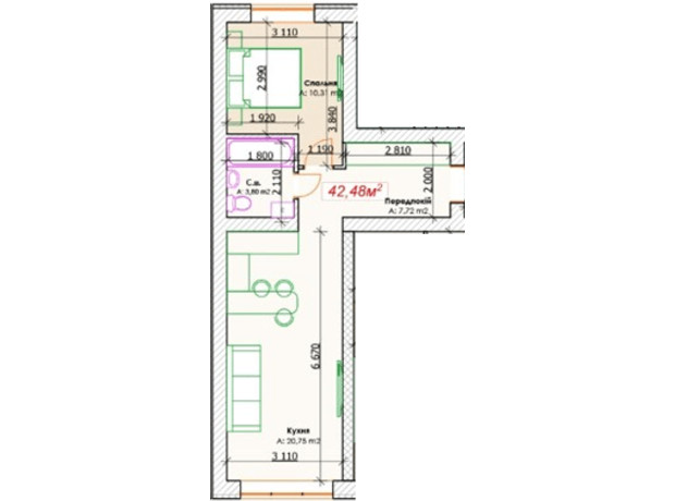 КД GoodHome: планировка 1-комнатной квартиры 42.48 м²