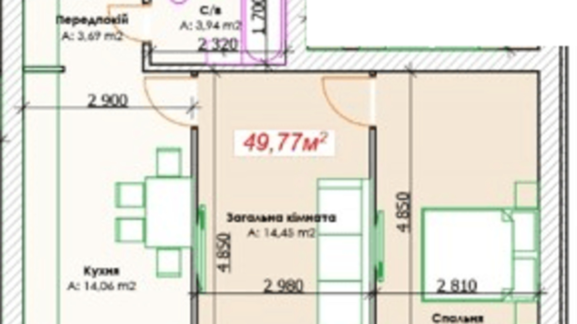 Планировка 2-комнатной квартиры в КД GoodHome 49.77 м², фото 375900