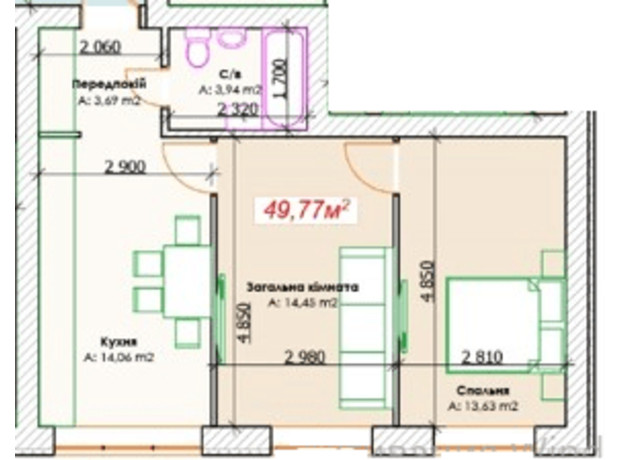 КБ GoodHome: планування 2-кімнатної квартири 49.77 м²