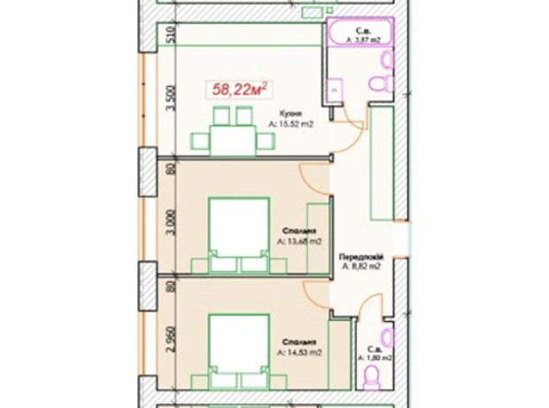 КД GoodHome: планировка 2-комнатной квартиры 58.22 м²