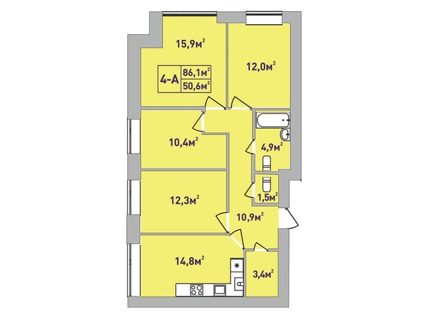 ЖК Центральный Premium: планировка 4-комнатной квартиры 86.1 м²