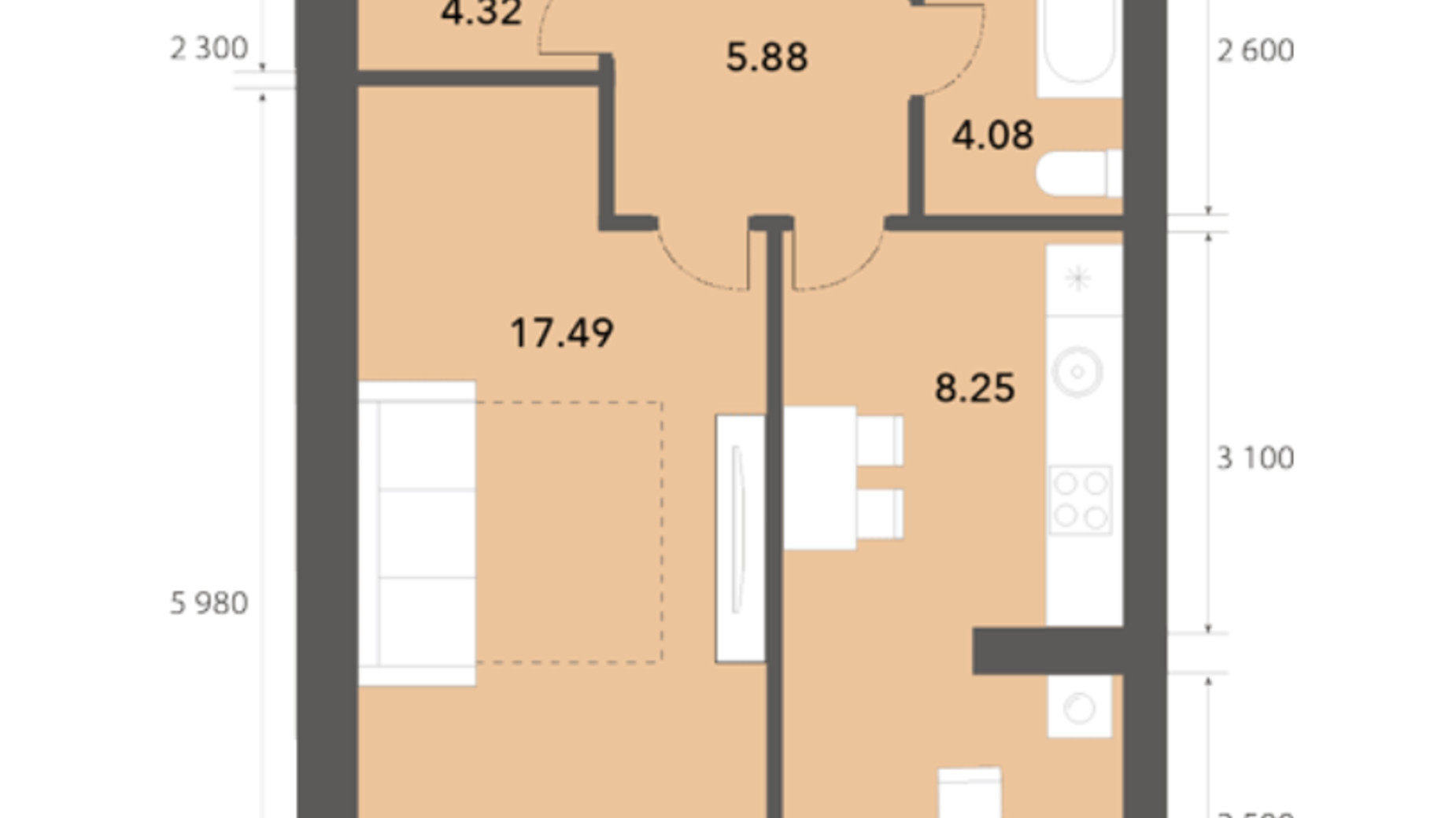 Планировка 1-комнатной квартиры в ЖК Софиевские Липки 46.85 м², фото 376500