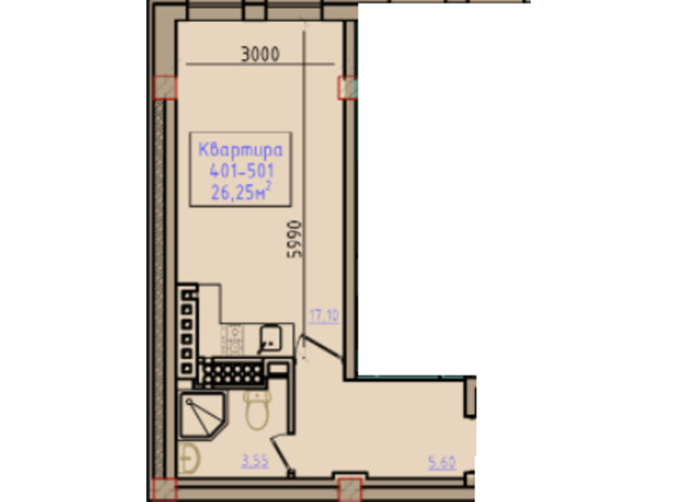 ЖК City House History: планировка 1-комнатной квартиры 26.25 м²