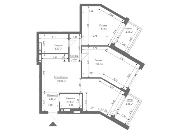 ЖК Gravity Park: планування 2-кімнатної квартири 81.4 м²