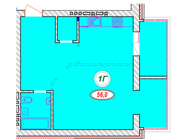 ЖК Сімейний: планування 1-кімнатної квартири 56 м²