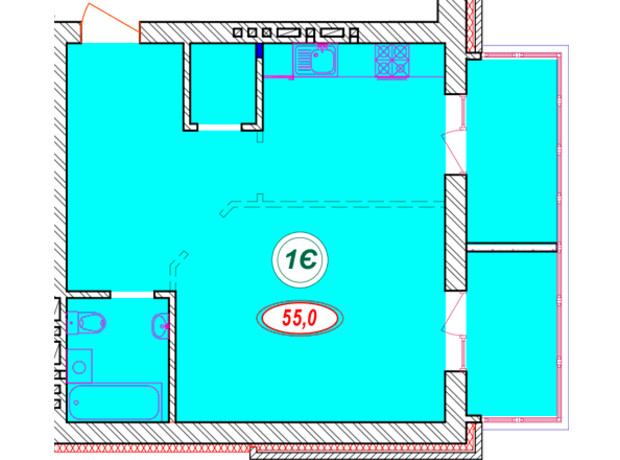 ЖК Семейный: планировка 1-комнатной квартиры 55 м²