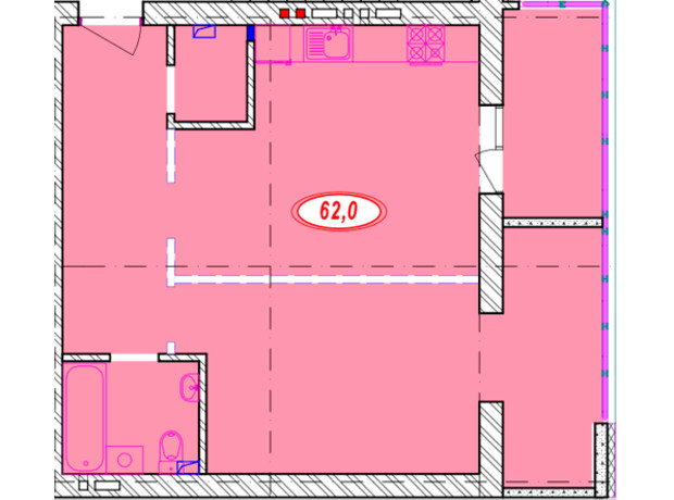 ЖК Сімейний: планування 1-кімнатної квартири 62 м²